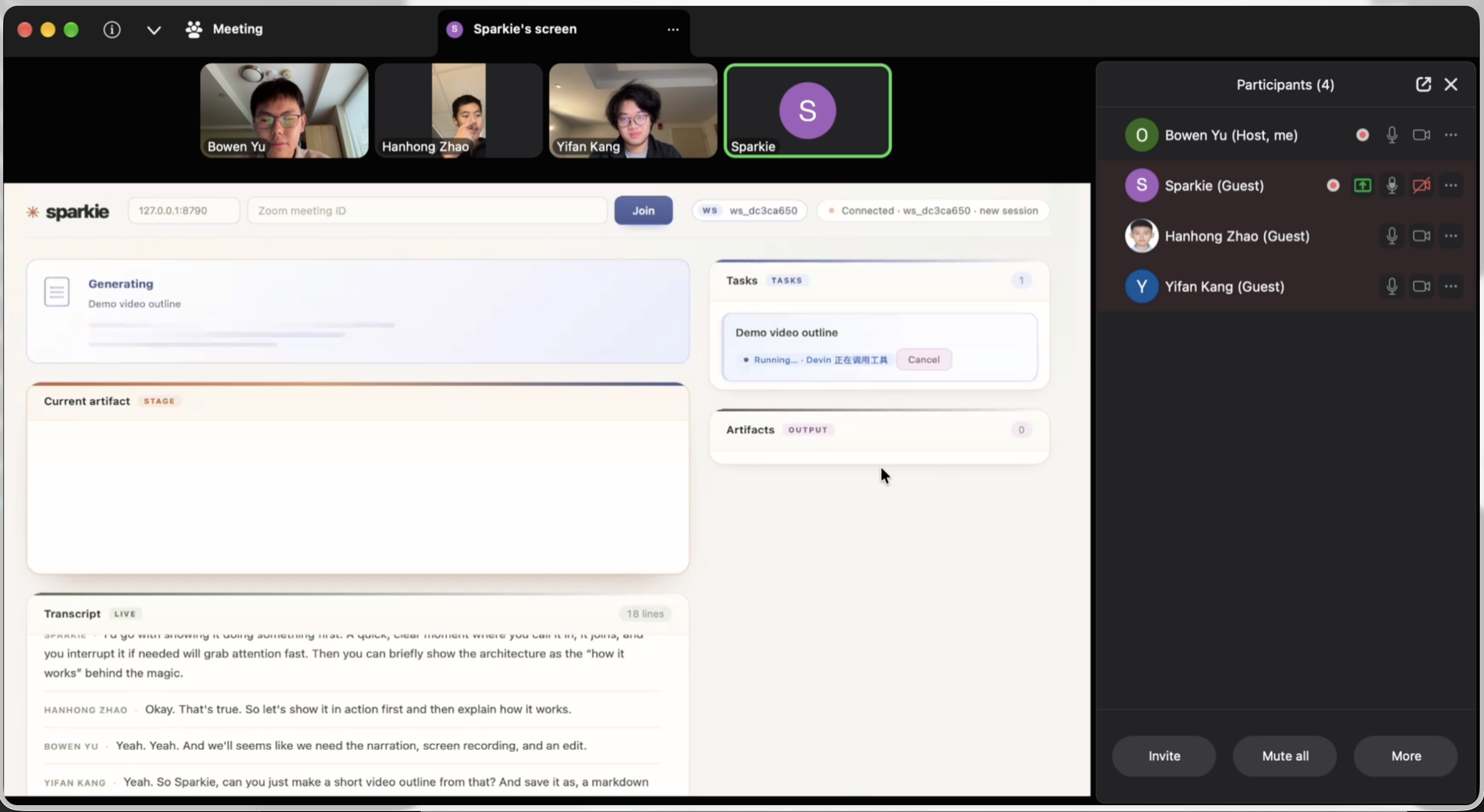 Sparkie workspace with meeting context, background tasks, and a generated report