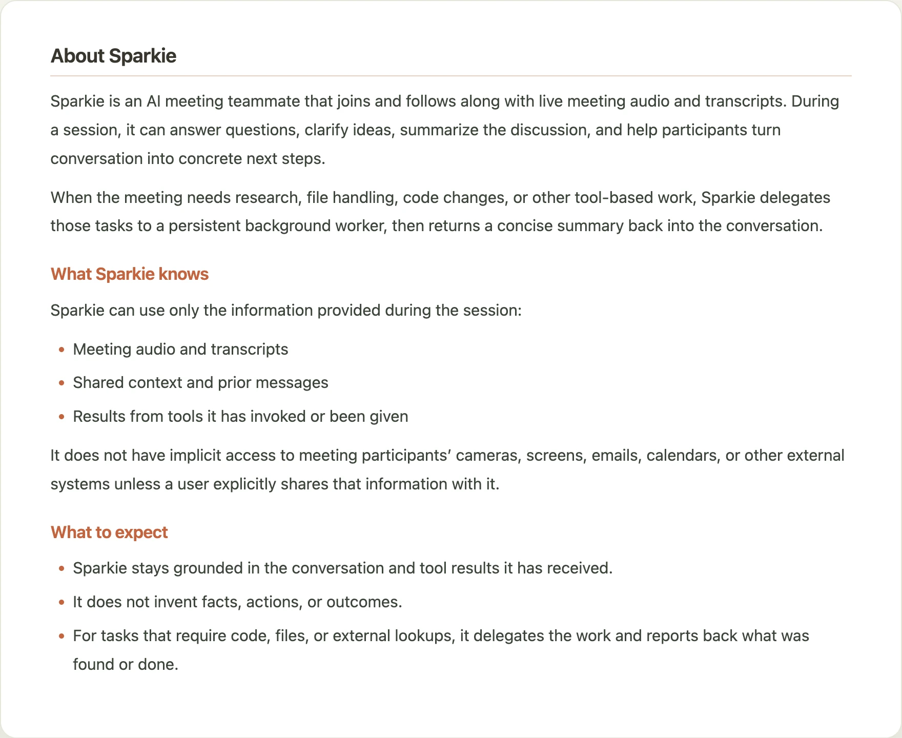 The About Sparkie report from a completed local voice session.